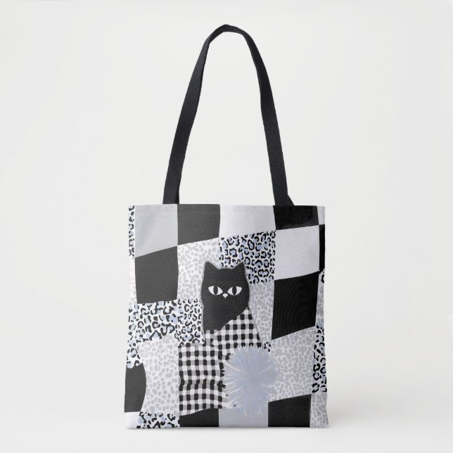 Black Cat Pattern Gingham Mixed Checkered Cheetah  Tote Bag (Front)