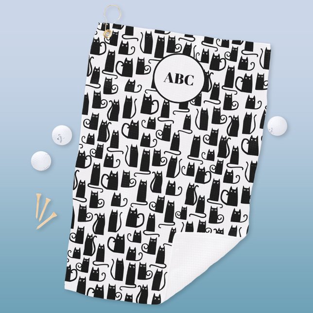 Black Cat Pattern Monogram Golf Towel (Fun black cat pattern personalized monogram initials golf towel)