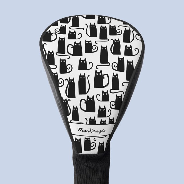Black Cat Pattern Name Golf Head Cover (Black and white personalized name black cat golf head cover)