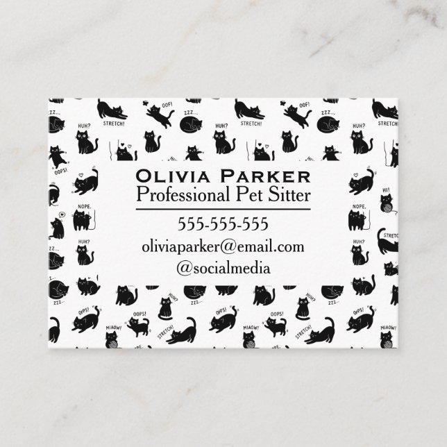 Black Cat Pattern Professional Pet Sitter Business Card (Front)