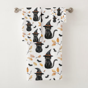 Black Cat Pattern - Witchy Cat  Bath Towel Set
