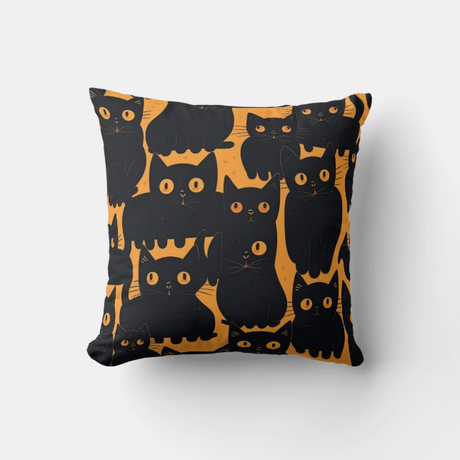Black Cat Pattern Yellow Halloween Decor Cushion (Front)