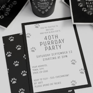Black Cat Paw Print 40th Birthday Party Invitation