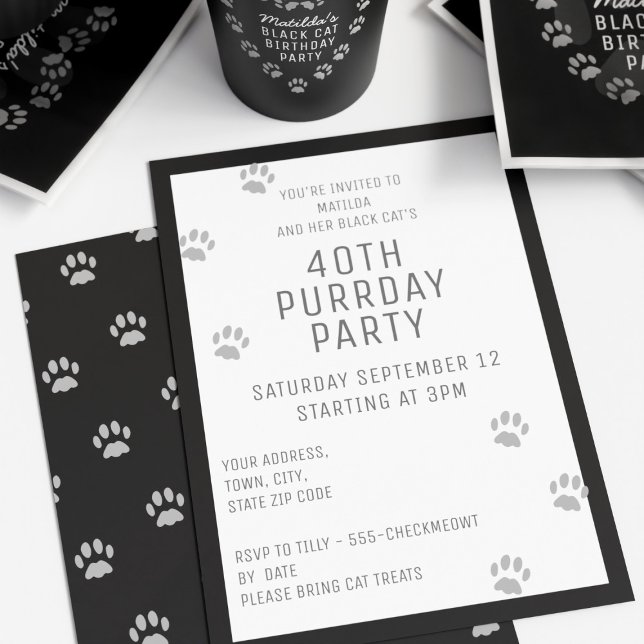 Black Cat Paw Print 40th Birthday Party Invitation (Happy Purrday to you! If you're hosting a cat themed 40th (and you really should) here's the invite!)
