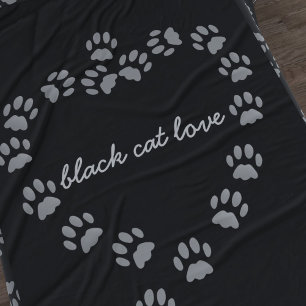 Black Cat Paw Print Heart Fleece Blanket