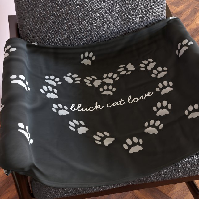 Black Cat Paw Print Heart Fleece Throw Blanket (A fun blanket for your black cat. Just add your name)