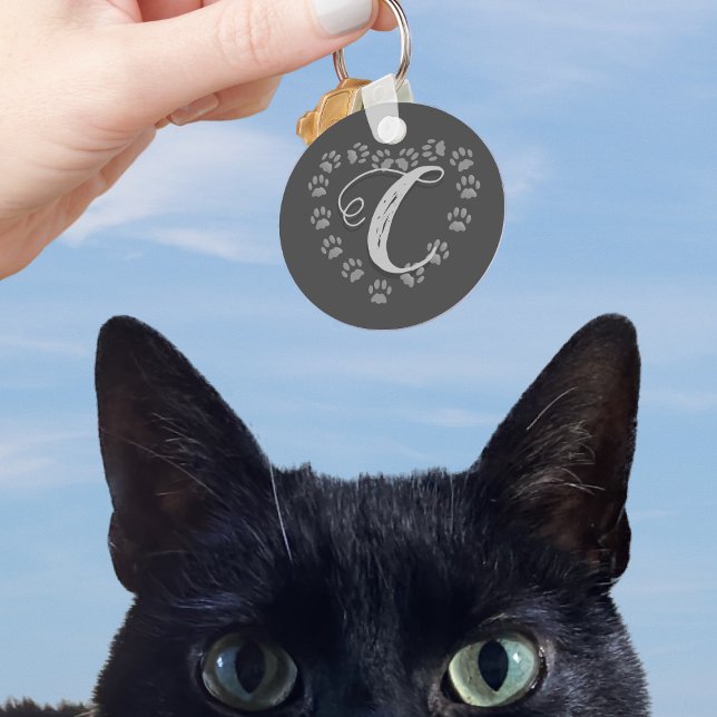 Black Cat Paw Print Heart Monogram Keychain (For lovers of grey toebeans and keychains. Add your cat's initial (or yours) to this cute keychain)