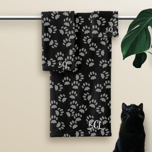 Black Cat Paw Print Monogrammed Bath Towel Set