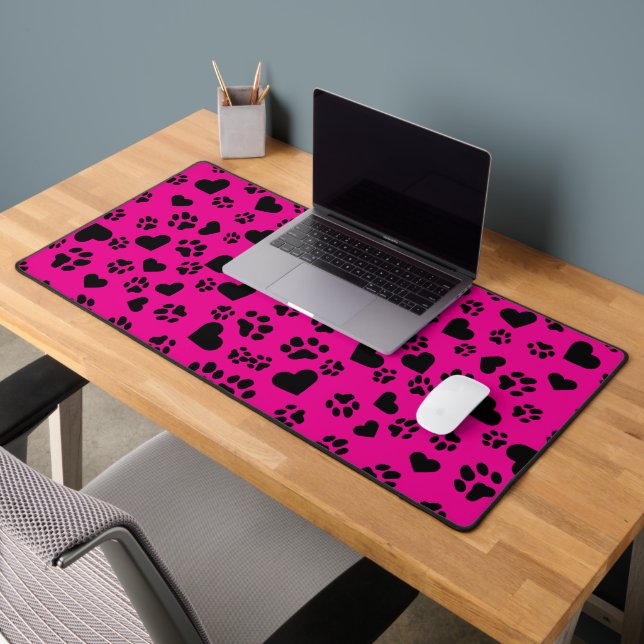 Black Cat Paw Prints & Hearts Pattern Pink  Desk Mat (Office 2)