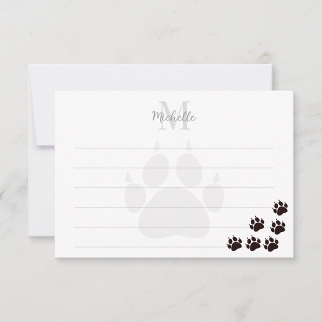 Black Cat Paw Prints Lined Monogram Card (Front)
