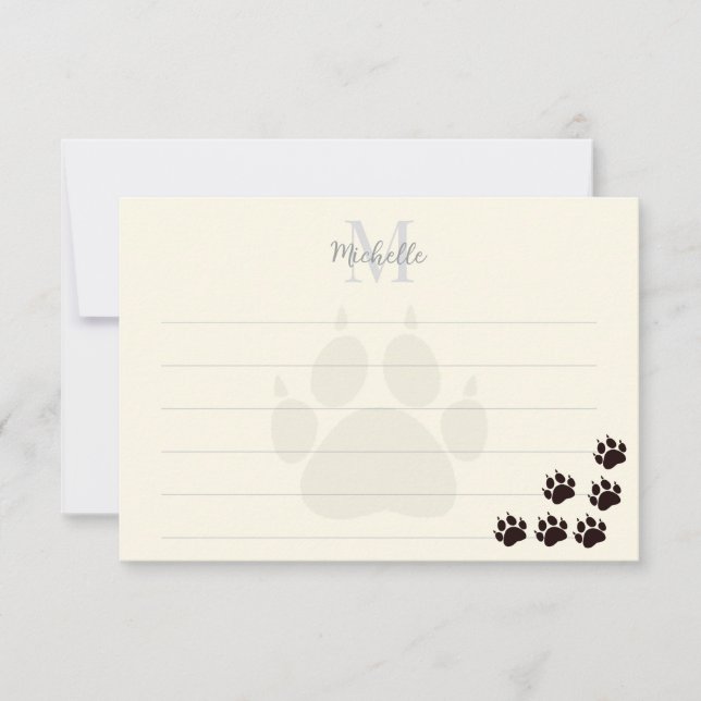 Black Cat Paw Prints Lined Monogram Cream Card (Front)