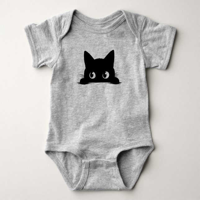 Black Cat Peeking Cute Halloween Fall Autumn Cat Baby Bodysuit (Front)