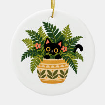 Black Cat Peeking From Botanical Planter