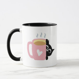 Black Cat Peeking Pink Heart Coffee Lover Mug