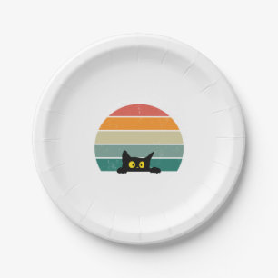 Black Cat Peeking Sunset Vintage 4 Paper Plate