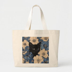 Black Cat Peeking Through Blue & Cream Flowers Large Tote Bag