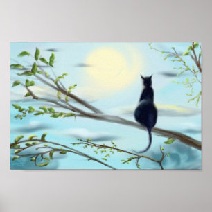 black cat perched in tree water colour art poster