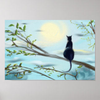 black cat perched in tree water colour art poster