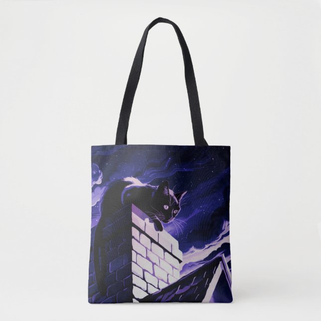 Black Cat Perched on Chimney Design Tote Bag (Front)