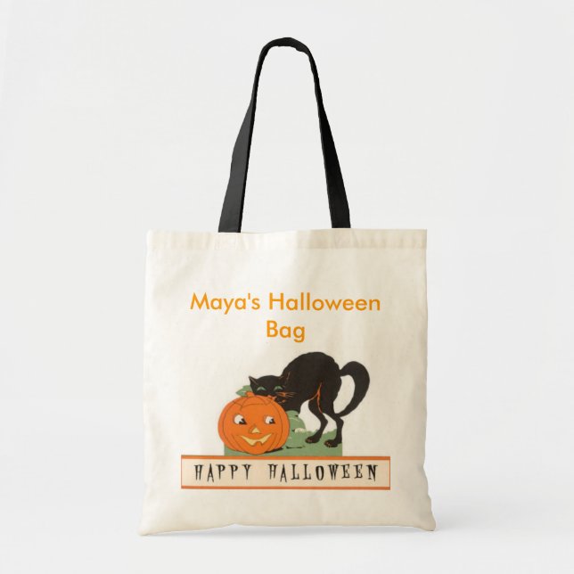 Black Cat Personalised Halloween Ba Tote Bag (Front)