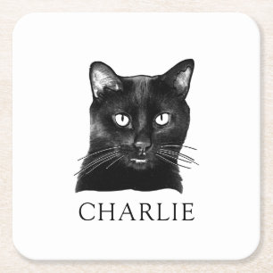 Black Cat Personalised Square Paper Coaster