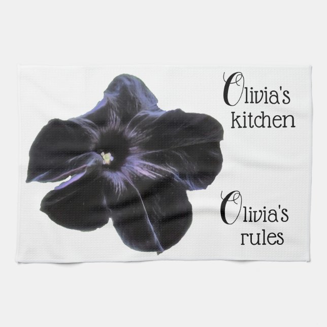 Black Cat Petunia Personalised Kitchen Towel (Horizontal)