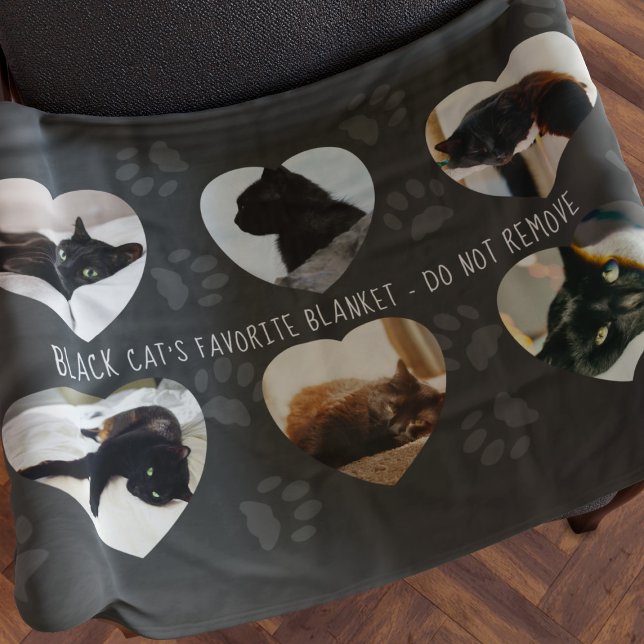 Black Cat Photo Collage Heart Personalised Fleece Blanket (Does your cat have a favorite chair? Upload 6 photos and put this fleece blanket on it)