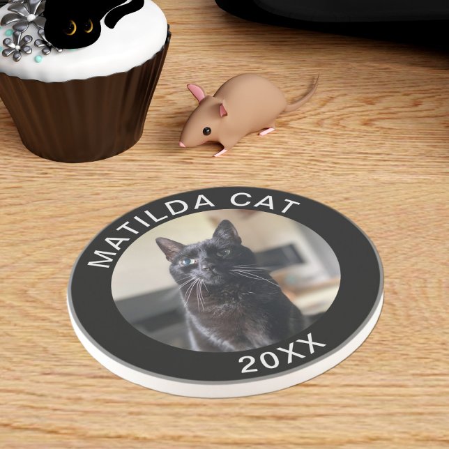 Black Cat Photo Name and Year Custom Pet Coaster (Upload your black cat's photo (or your's or your dog's) and add a year. Makes a lovely keepsake gift)