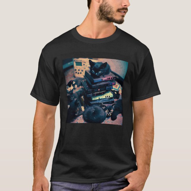 Black Cat Pile Video Games T-Shirt (Front)