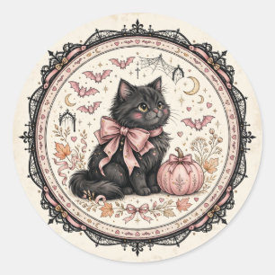 Black Cat Pink Bow Halloween Gothic Pumpkin Coquet Classic Round Sticker