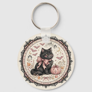 Black Cat Pink Bow Halloween Gothic Pumpkin Coquet Key Ring