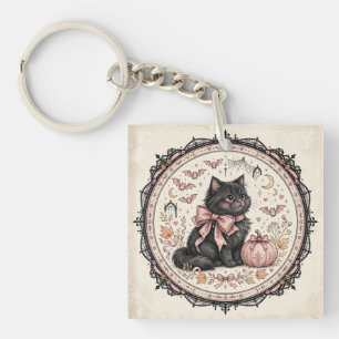 Black Cat Pink Bow Halloween Gothic Pumpkin Coquet Key Ring