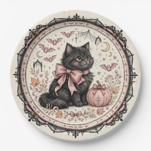 Black Cat Pink Bow Halloween Gothic Pumpkin Coquet Paper Plate