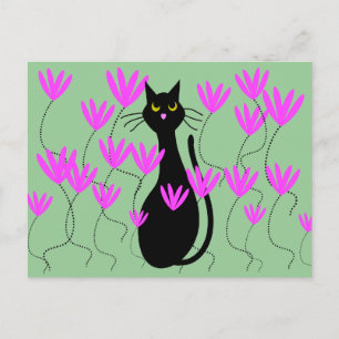 Black Cat Pink Flowers Cards