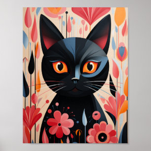 Black Cat Pink Flowers Poster