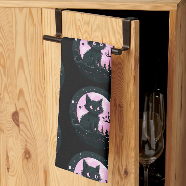 Black Cat Pink Full Moon Celestial Black Halloween Tea Towel (Thirds Fold)