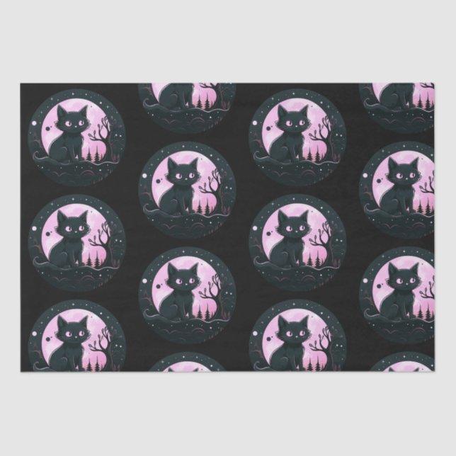 Black Cat Pink Full Moon Celestial Black Halloween Tissue Paper (Front)