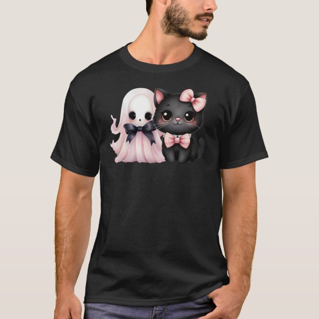 Black Cat Pink Ghost Halloween Pink Bows Coquette  T-Shirt (Front)