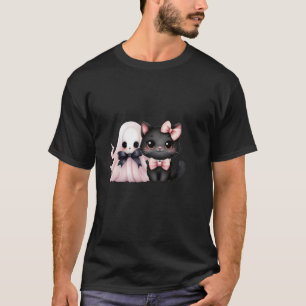 Black Cat Pink Ghost Halloween Pink Bows Coquette T-Shirt