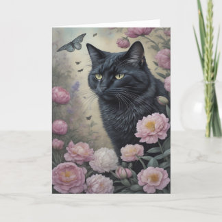 Black cat pink peonies flowers floral thank you card