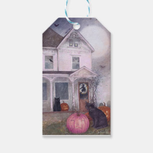 Black Cat Pink Pumpkin & Haunted House Halloween Gift Tags