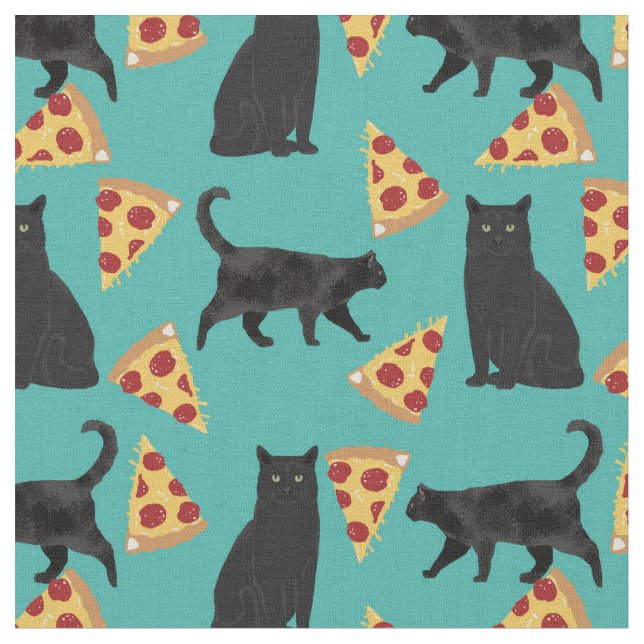 Black Cat pizza pattern Fabric (Close Up)
