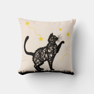 Black Cat Playful Stars Illustration Cushion