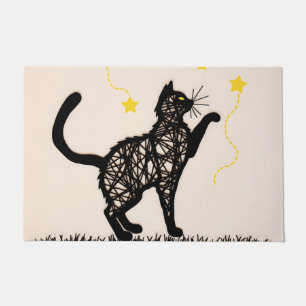 Black Cat Playful Stars Illustration Doormat