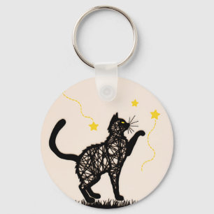 Black Cat Playful Stars Illustration Key Ring
