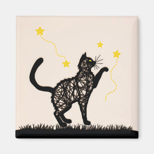 Black Cat Playful Stars Illustration Magnet
