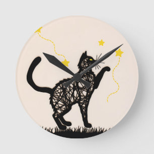 Black Cat Playful Stars Illustration Round Clock