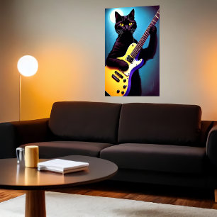 Black cat playing a guitar    AI Art Poster
