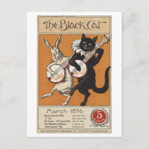Black cat playing Banjo, Unknown artist Postcard