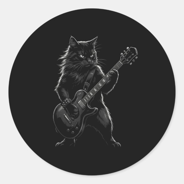 Black Cat Playing Electric Guitar Gothic Rocker  Classic Round Sticker (Front)